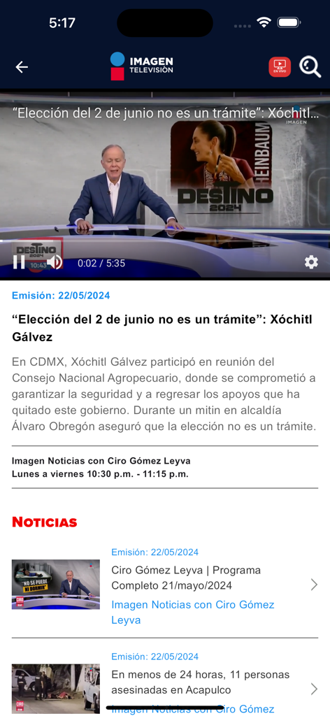 Imagen TV app news section featuring a video report by Ciro Gomez Leyva