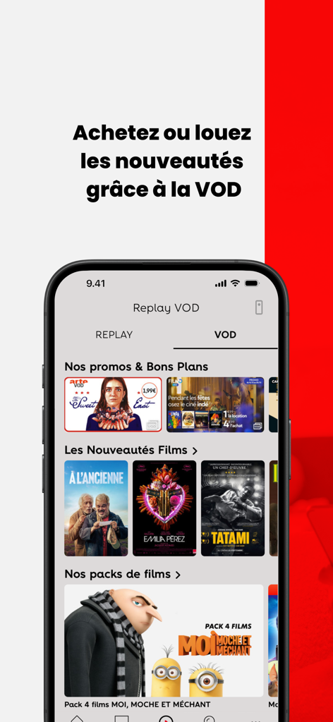 Application mobile SFR TV affichant le catalogue VOD avec des locations et des achats de films