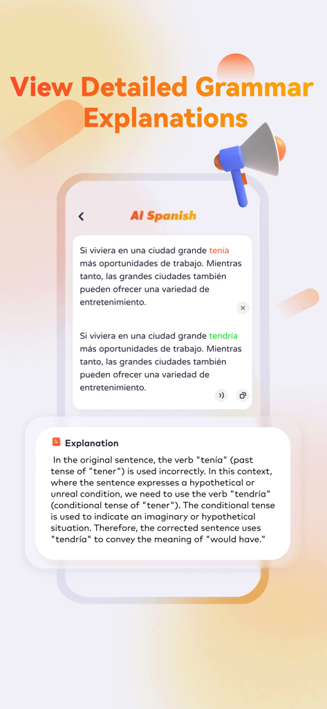 AI Spanish Grammar Checker app displaying a detailed grammatical explanation for a verb tense correction
