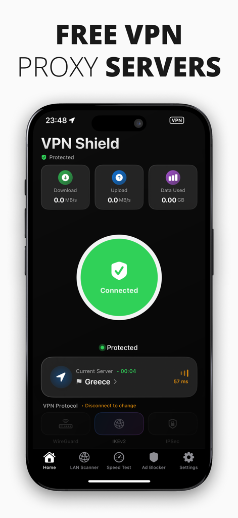 NetVPN Adblock Proxy Unlimited - iPhone screen displaying the NetVPN app with a green connected status circle and active VPN shield for a server in Greece.