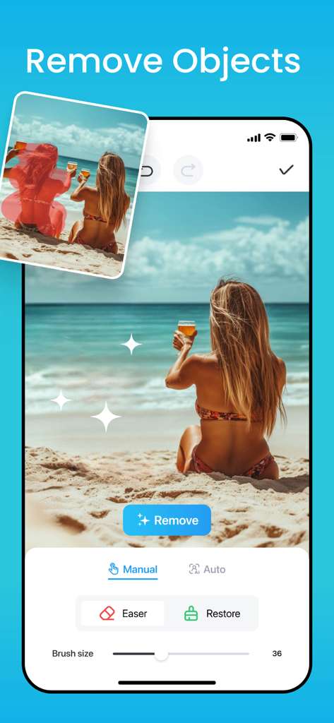 A mobile app interface showing how to remove people from a beach photo using an AI object removal tool.