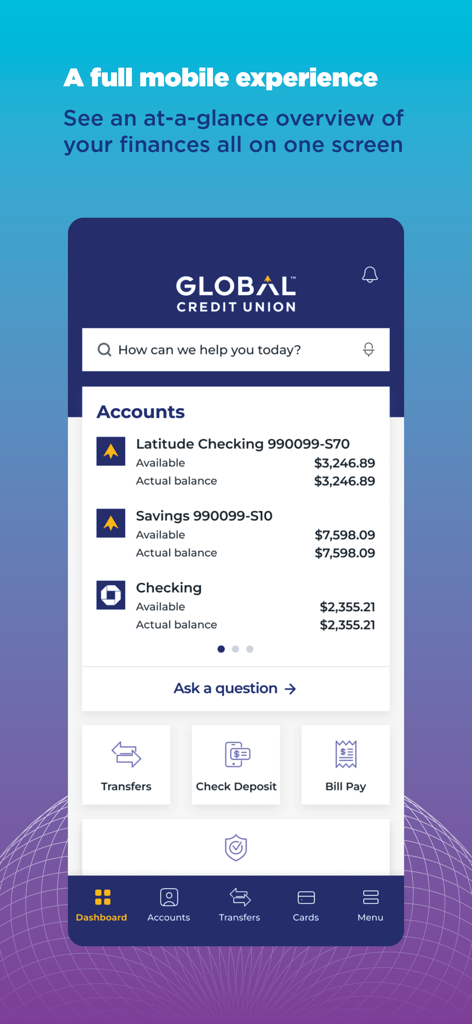 Global CU - Global Credit Union mobile app dashboard displaying checking and savings account balances with navigation shortcuts