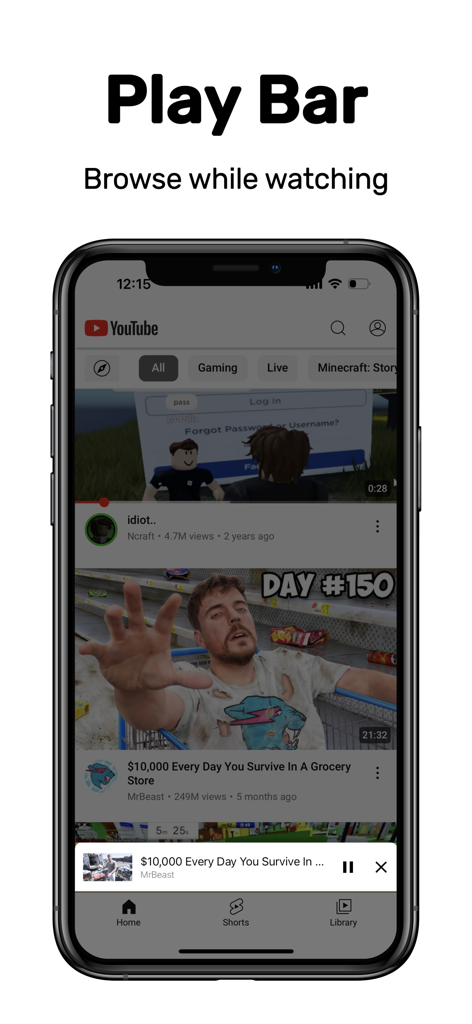Viddle: No Ads Video Browser - Captura de pantalla del iPhone de la aplicación Viddle mostrando la función Play Bar para navegar por videos mientras se mira
