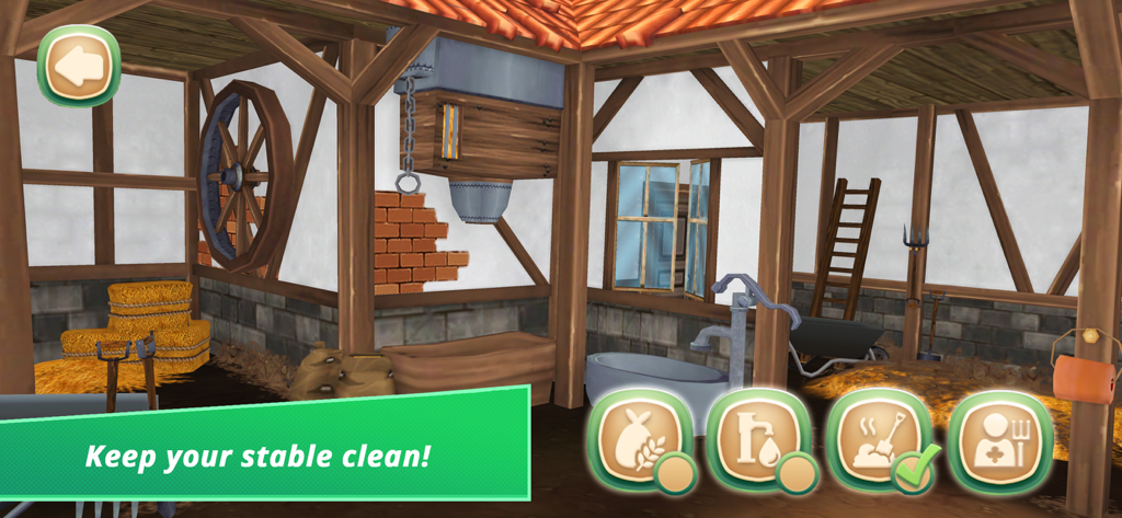 ホースホテルプレミアムアプリの馬厩舎の内部ビュー。清掃とメンテナンス作業が表示されている。
