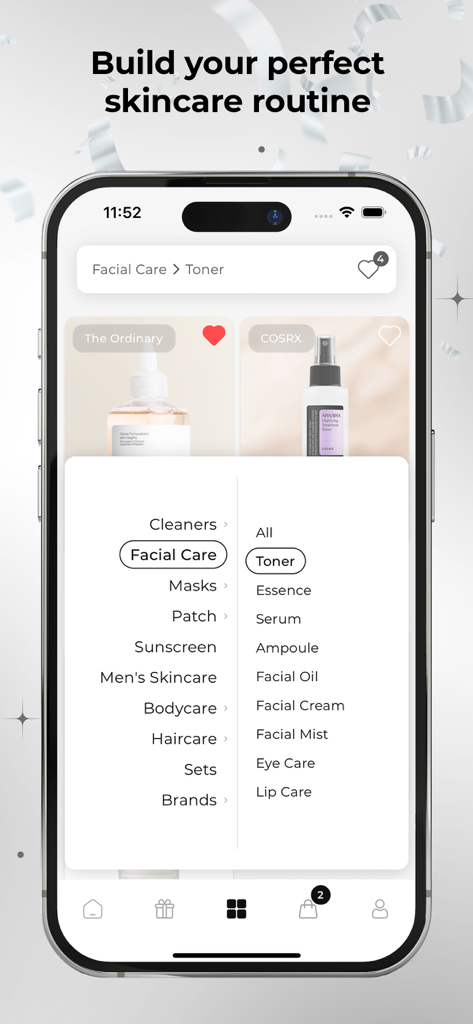 Skinsli: Korean Skincare - Skinsli app interface displaying facial care categories and toner products for a personalized Korean skincare routine