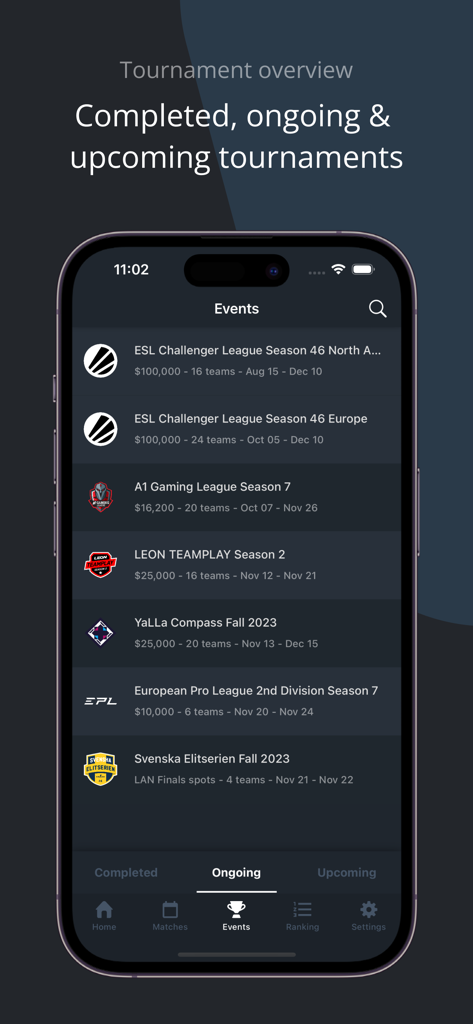 HLTV.org - Una lista de torneos de Counter-Strike actuales y próximos en la sección de eventos de la aplicación HLTV.