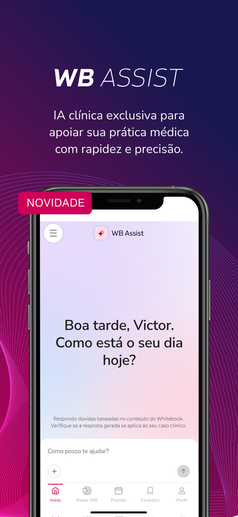 Interface of the WB Assist AI clinical assistant in the Afya Whitebook medical app.