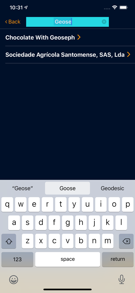 Chocolate Map - Interfaz de búsqueda de la aplicación Chocolate Map que muestra los resultados de los fabricantes de chocolate bean to bar.