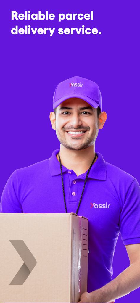 Yassir courier in purple uniform holding a delivery parcel