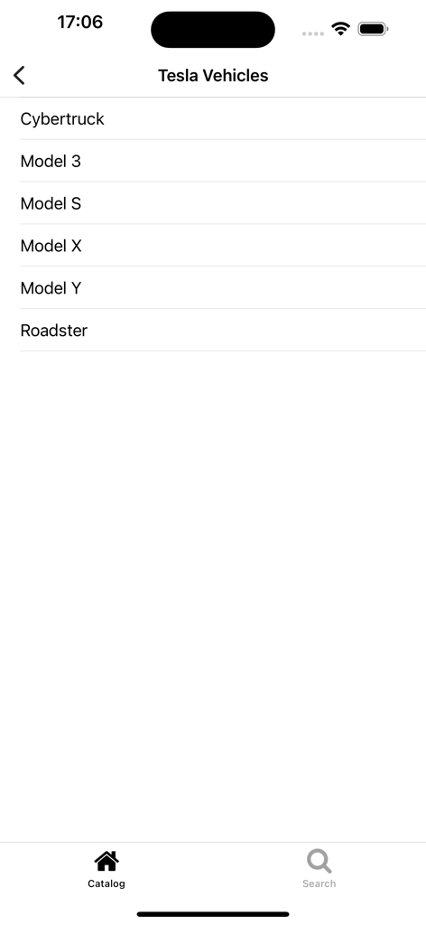 Ein Menü, das Tesla-Fahrzeugmodelle auflistet, darunter Cybertruck und Model 3, im Ersatzteilkatalog-App.