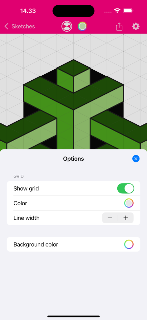 Oberfläche der Isometrischen Zeichen-App, die Rastereinstellungen und eine grüne geometrische Struktur zeigt