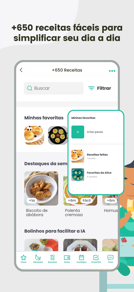 Interface de l'application BLW Brasil proposant plus de 650 recettes d'aliments pour bébé avec des options de recherche et de favoris.