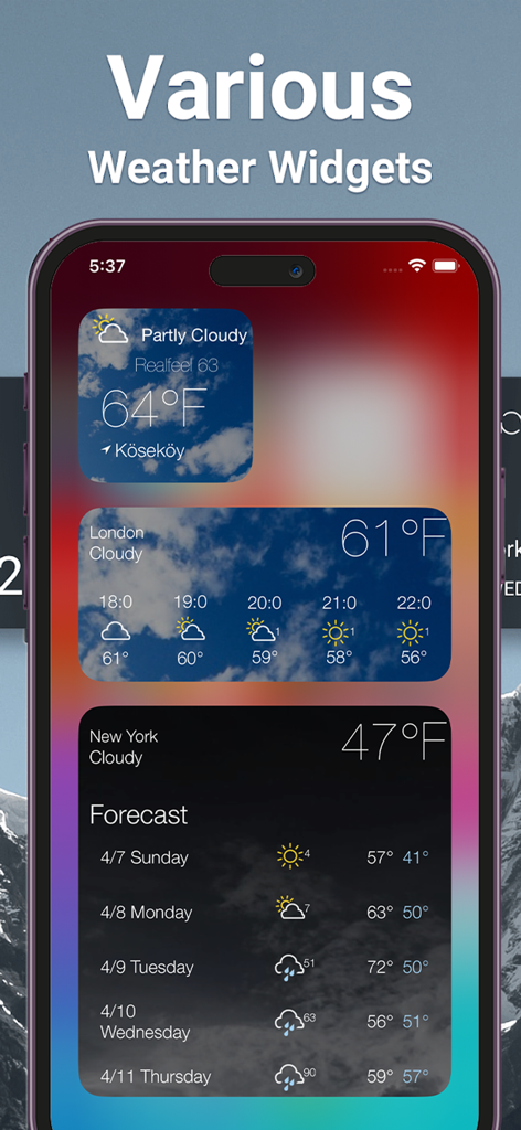 Weather Forecast ٞ - Vários widgets de clima em uma tela inicial do iPhone mostrando condições atuais e previsões para várias cidades