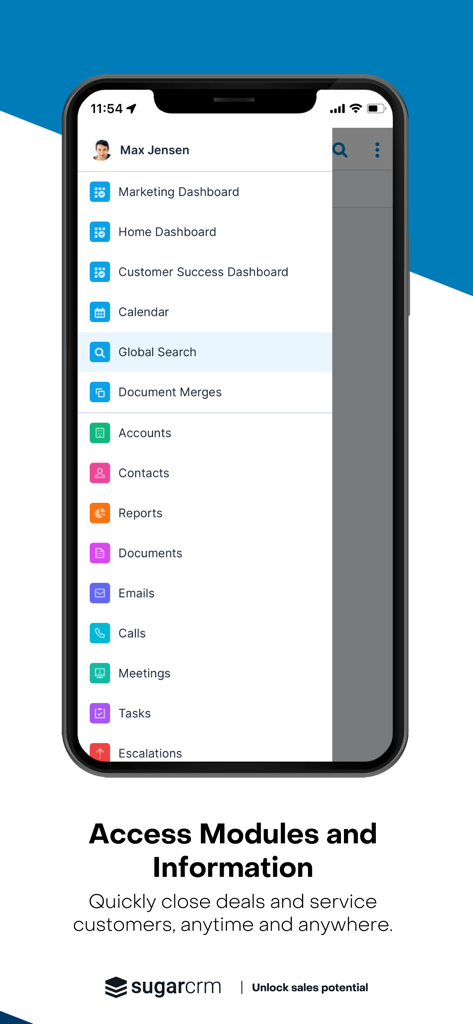 Interface do aplicativo móvel SugarCRM exibindo um menu com painéis e módulos de vendas