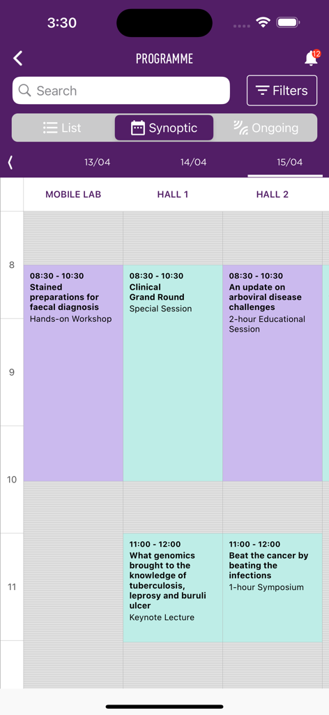 Agenda do programa científico ESCMID 2025 em visualização de grade sinóptica.
