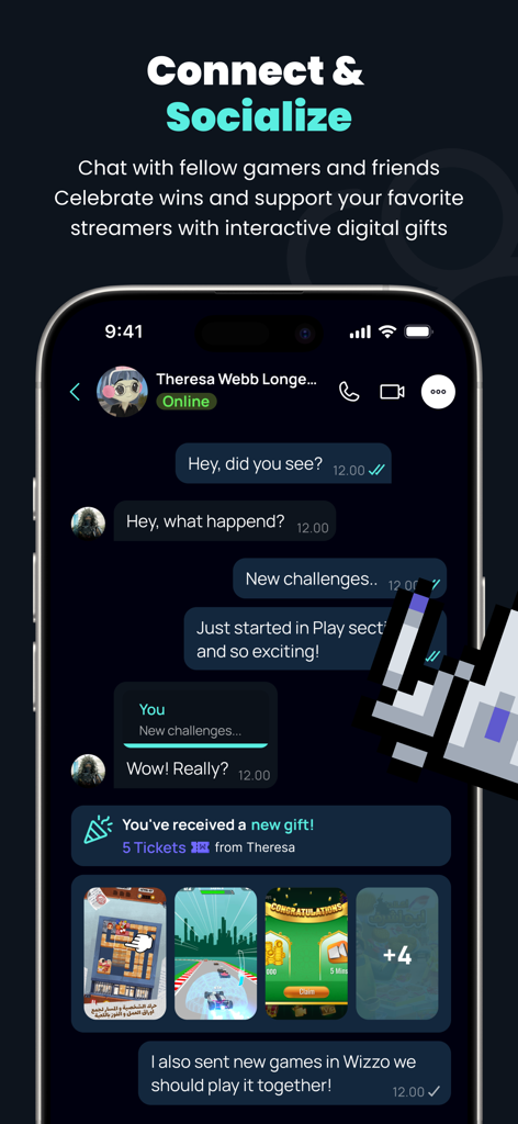 WIZZO - Interface do aplicativo WIZZO mostrando uma conversa de chat entre jogadores com notificações de presentes digitais e prévias de jogos