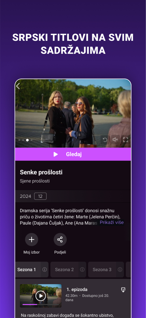 VOYO.rs - Interfaz móvil de la aplicación de streaming VOYO.rs que muestra una página de detalles de una serie con opciones de subtítulos en serbio