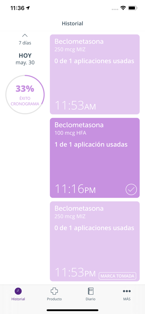 Respiramas - Respiramas app medication history screen showing inhaler dose tracking and daily progress.