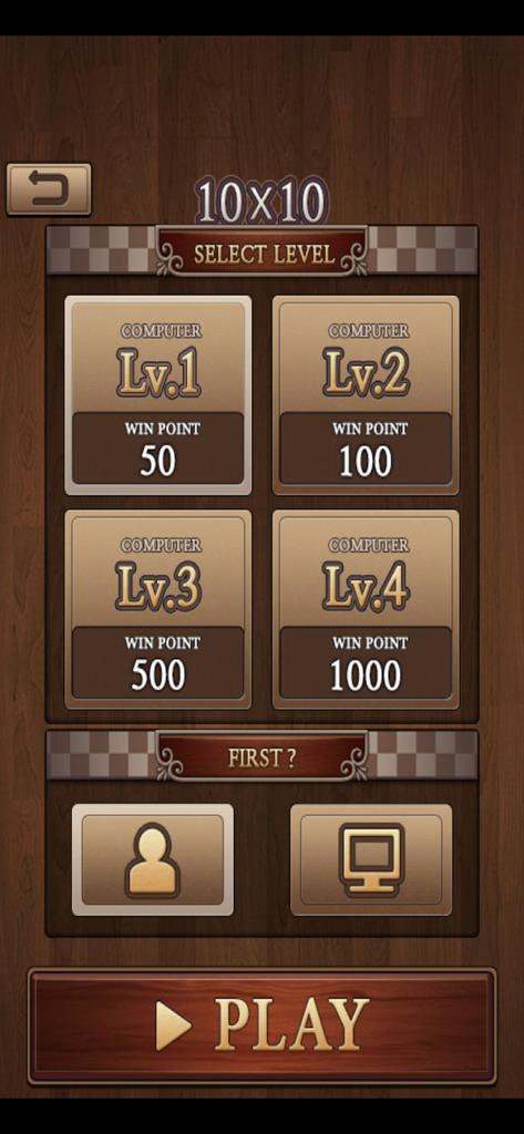Level selection screen for King of Checkers with four AI difficulty levels