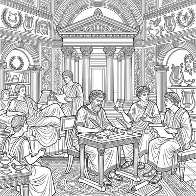 Step back in time to ancient Rome and bring to life the world of its legendary poets and writers. This intricate coloring page captures a scene of literary creation and discourse within a grand classical setting.