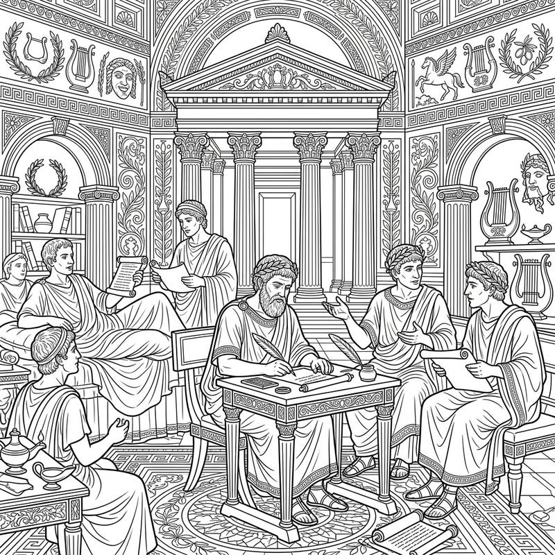 Step back in time to ancient Rome and bring to life the world of its legendary poets and writers. This intricate coloring page captures a scene of literary creation and discourse within a grand classical setting.