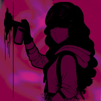 realistic girl with mask spray painting a wall