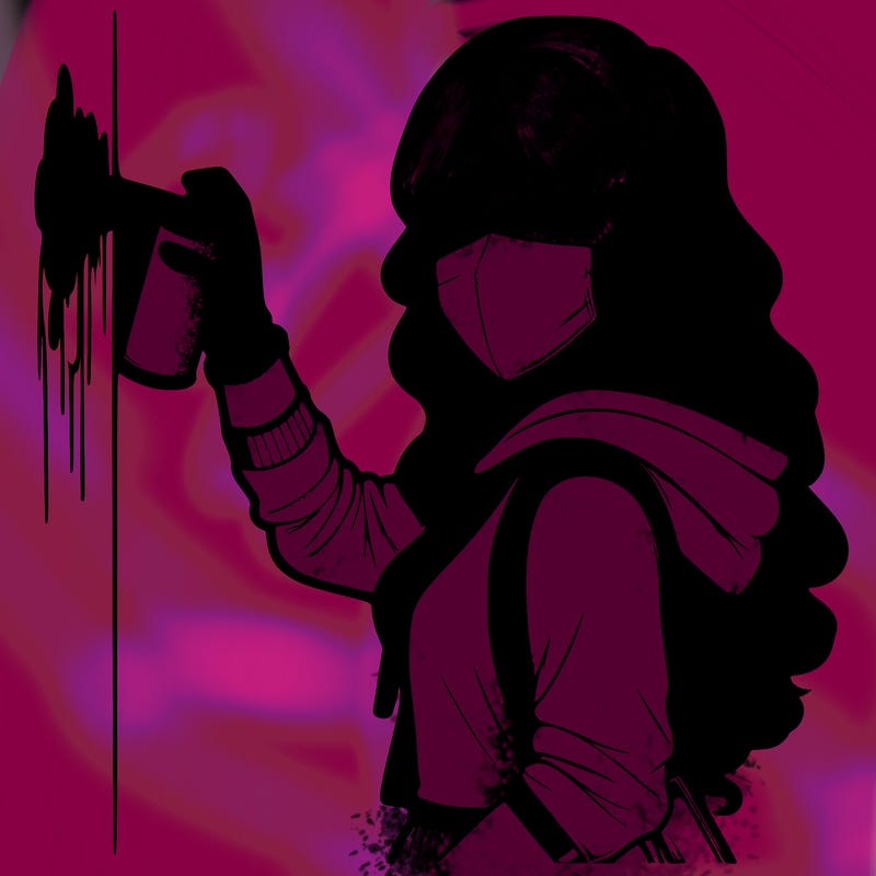 realistic girl with mask spray painting a wall