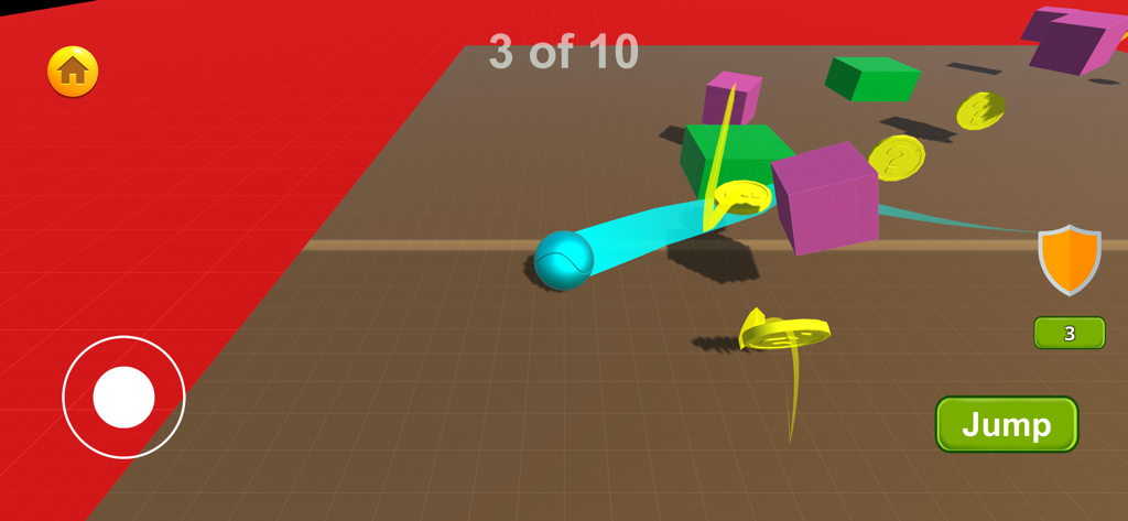 Cyan ball collecting yellow coins while avoiding purple boxes in the Mass Bounce Dollen mobile game