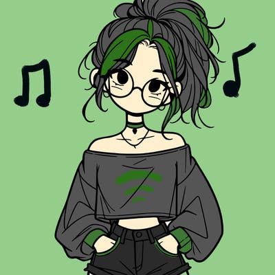 girl with a messy ponytail glasses a baggy crop top and jean shorts