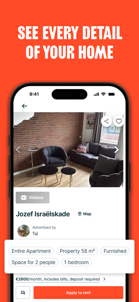 HousingAnywhere - 写真と賃貸情報が表示された詳細なアパートリスティングを示すHousingAnywhereモバイルアプリ