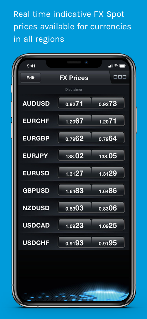 A smartphone screen displaying real-time foreign exchange spot prices for global currency pairs on the Morgan Stanley Matrix institutional platform.