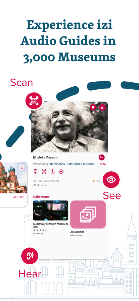 Captura de pantalla que muestra la interfaz de la audioguía del museo izi.TRAVEL para el Museo Einstein con funciones de escaneo, visualización y audición