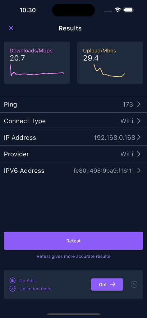 Resultados do teste de velocidade WiFi mostrando taxas de download e upload