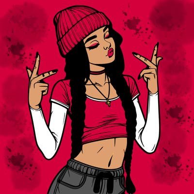 realistic teenage girl with braids and a beanie and crop top doing 🫶🏼