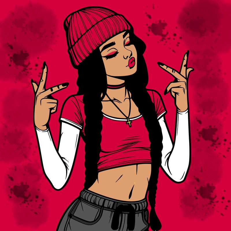 realistic teenage girl with braids and a beanie and crop top doing 🫶🏼