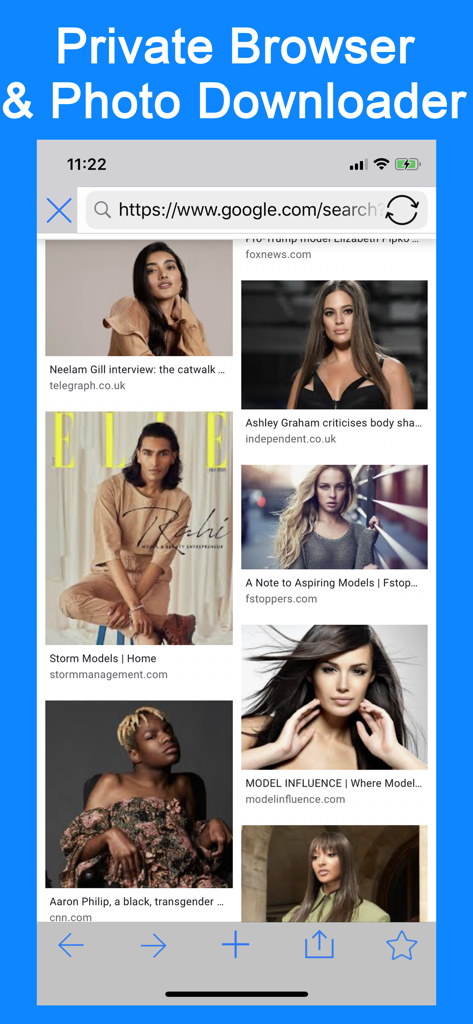 Secret Photo Vault Lock Photos - Interface de navegador privado e downloader de fotos mostrando resultados de pesquisa de imagens dentro do aplicativo Cofre Secreto de Fotos.