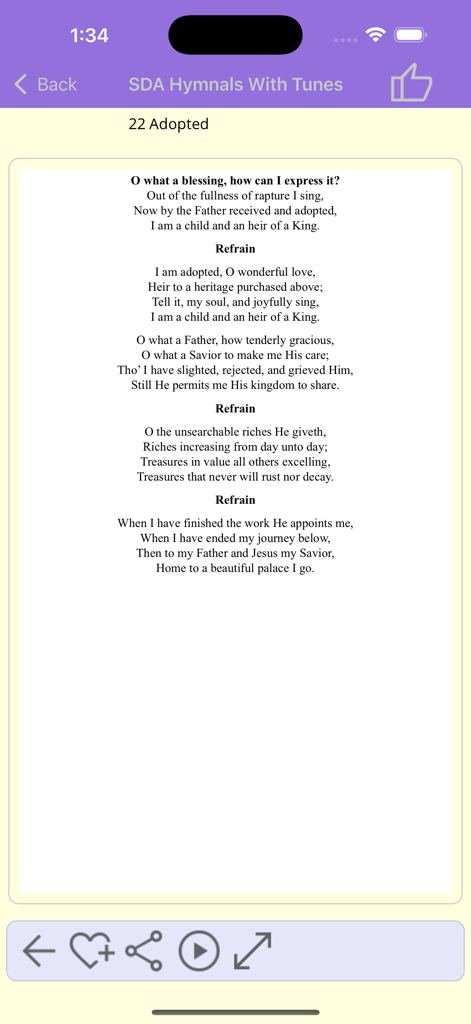 SDA Hymnals With Tunes - Interfaccia dell'app mobile che visualizza i testi dell'inno dei Sette-giorni Avventisti intitolato "Adopted"