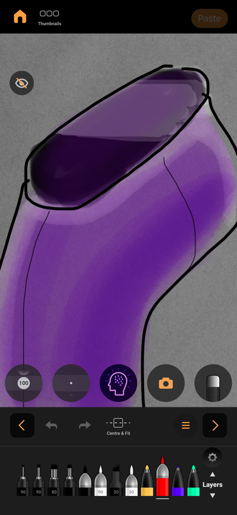 Hypersketch - Hypersketchアプリ画面には、AI機能と描画ブラシを備えた紫色のスケッチが表示されています