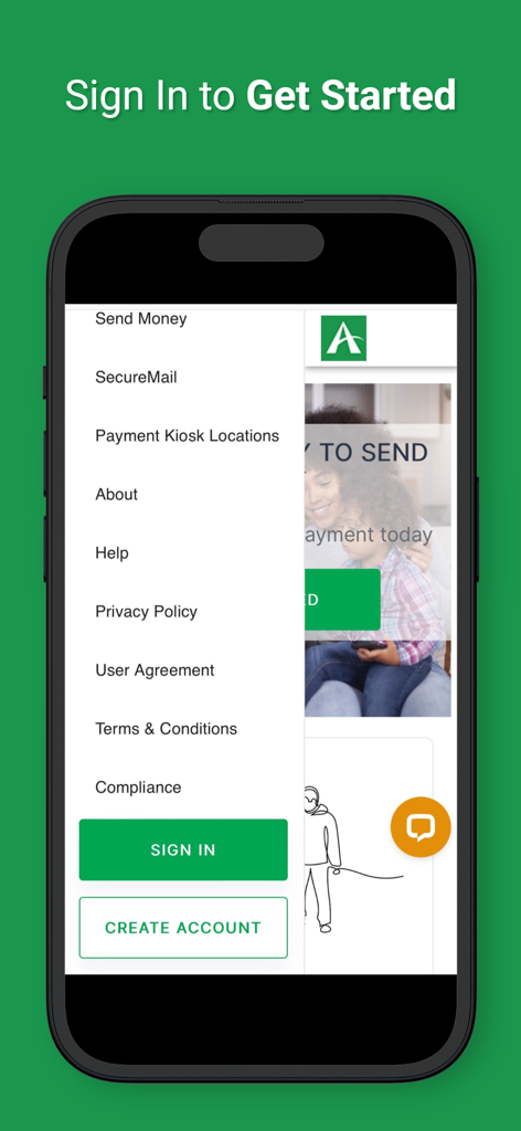Access Corrections app sidebar menu with sign in and account registration buttons