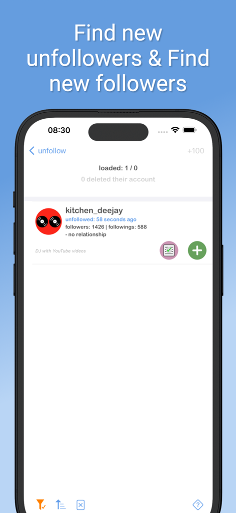 Mobile app screen showing recent unfollowers on X with user details and management options.