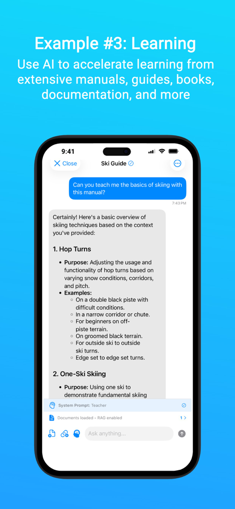Private AI: Document Chat - iPhone screen showing Private AI app summarizing a ski manual to teach the basics of skiing techniques using offline RAG technology