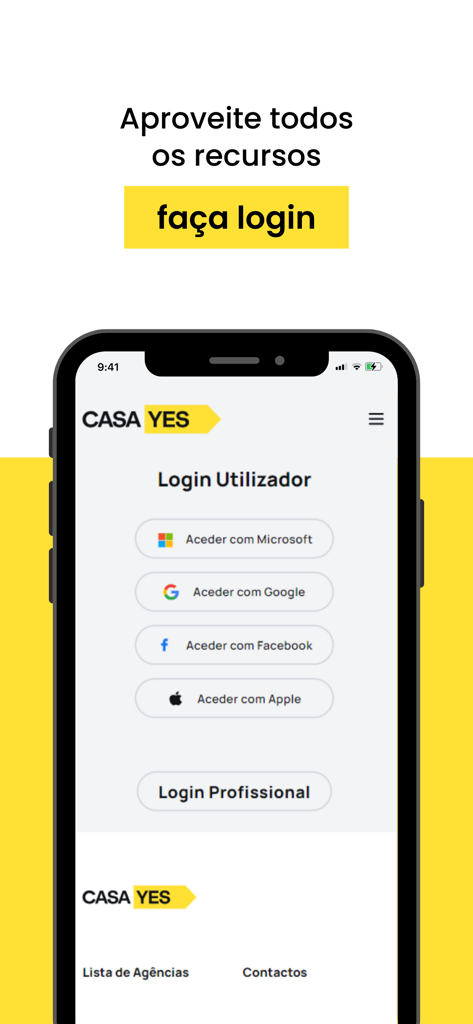 Schermata di accesso dell'app Portal Casa Yes con pulsanti di accesso tramite social media