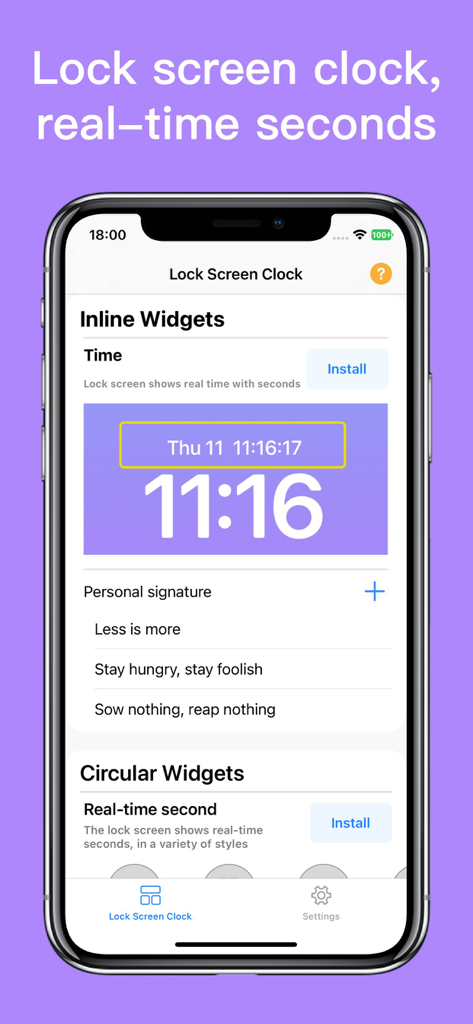 Lock Screen Clock with Seconds - Lock Screen Clock app interface showing inline widgets for real time seconds and personal signature options