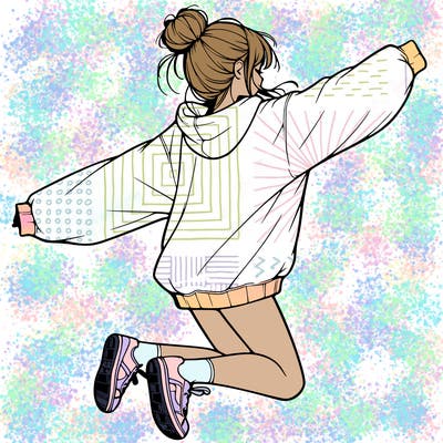 realistic girl jumping with a bun and oversized sweatshirt