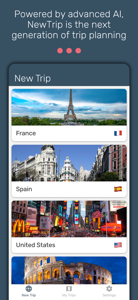NewTrip - NewTrip mobile app interface showing travel destinations like France Spain and the United States for AI trip planning