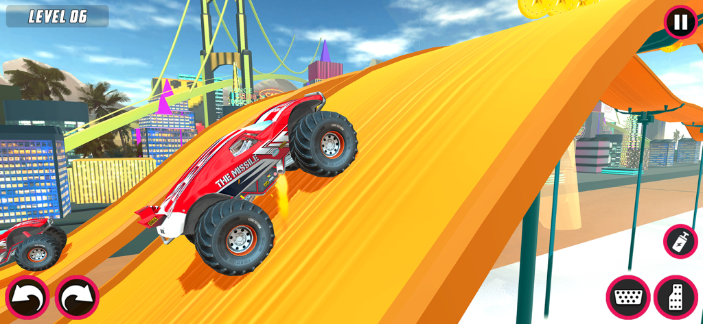 Monster Truck Stunts Car Games - A red monster truck named The Missile climbing a steep orange mega ramp in a city stunt course