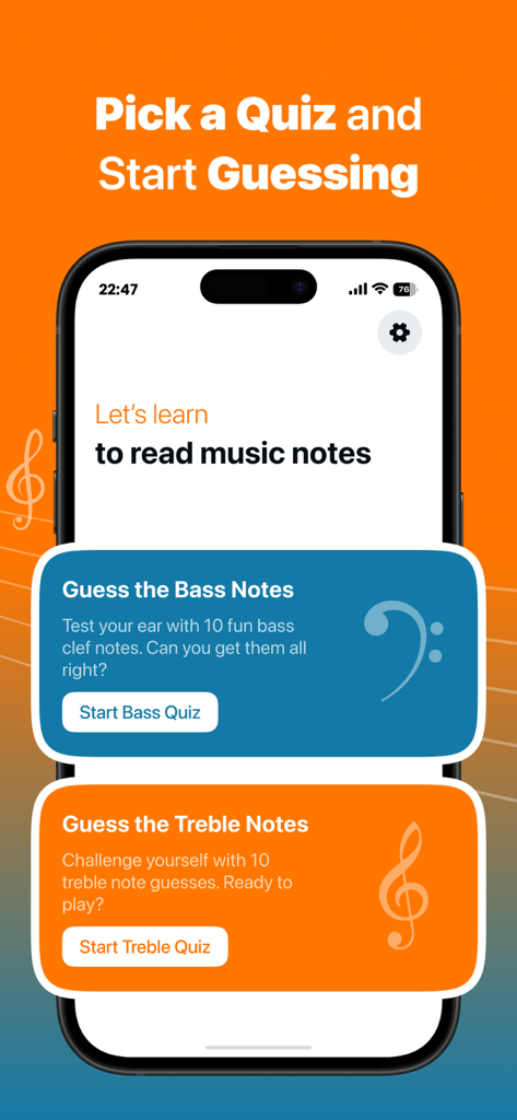 Guess That Note - Home screen of the Guess That Note app showing options to start either a Bass or Treble clef note recognition quiz.