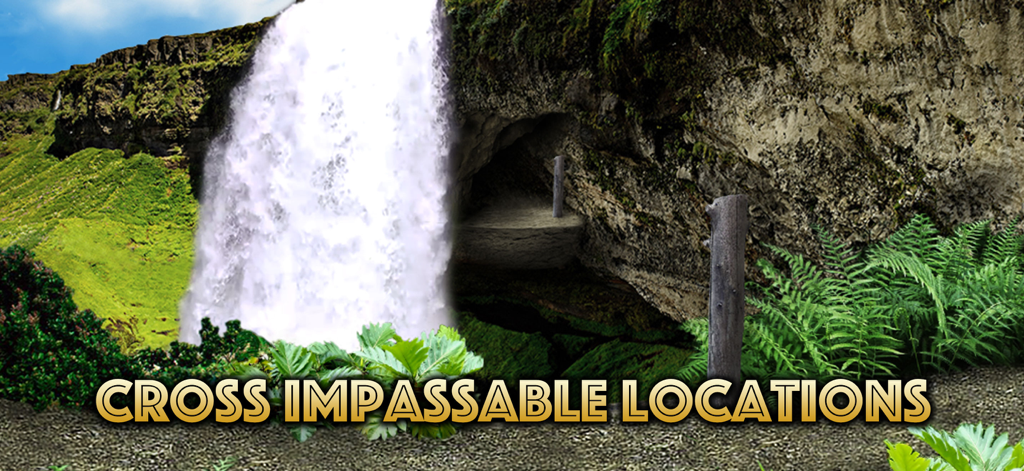 The Lost Treasure - A hidden cave entrance next to a large waterfall in a lush forest.