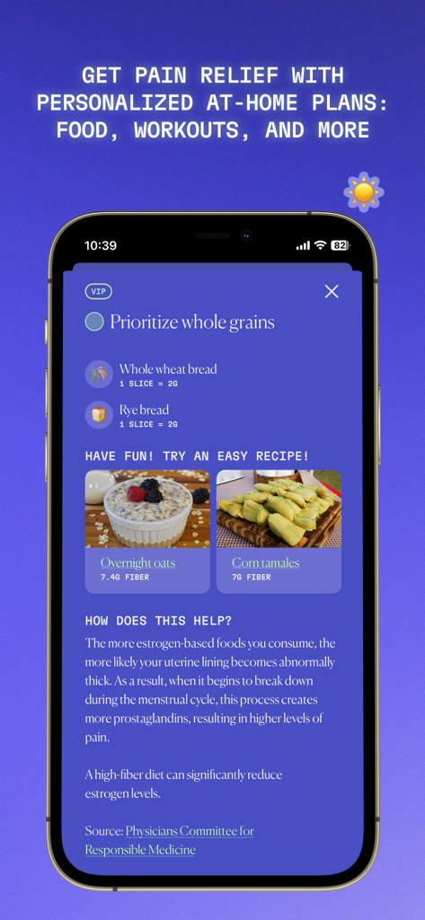 Aavia: Cycle Symptom Relief - Tela de smartphone do aplicativo Aavia mostrando planos de nutrição personalizados para o alívio dos sintomas do ciclo, incluindo receitas ricas em fibras.