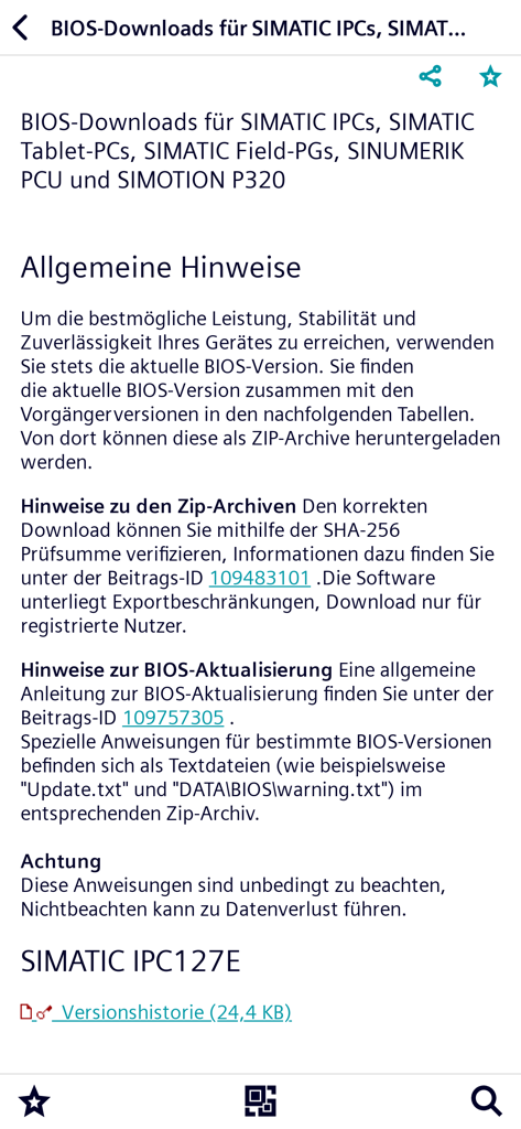 Industry Online Support - Technical support page for SIMATIC industrial computer BIOS downloads